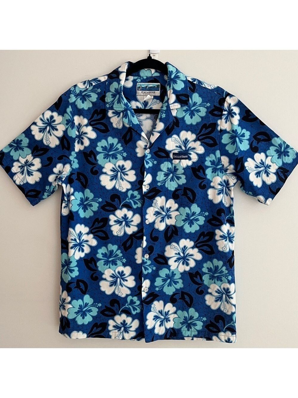 VINTAGE Excellent Of Hawaii Hawaiian Shirt Blue Floral Tiki 100% Cotton Made USA